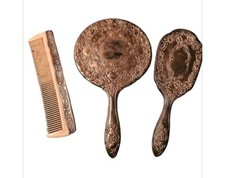 Vintage Vanity Comb, Brush  Mirror Set Silver Plated