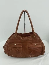 Buddha Lux Tan Brown Leather Woven Studs Satchel Shoulder Handbag