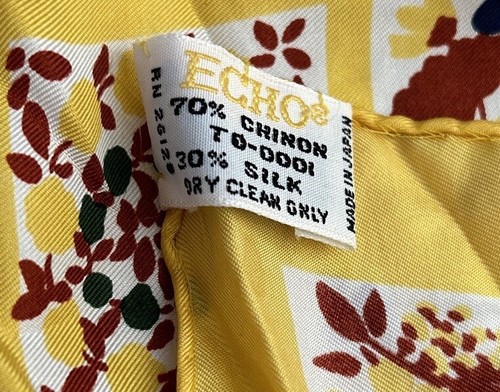 Vintage Echo Yellow Checkered Floral 23” Square Scarf Bandana Chinon Silk - Picture 4 of 6