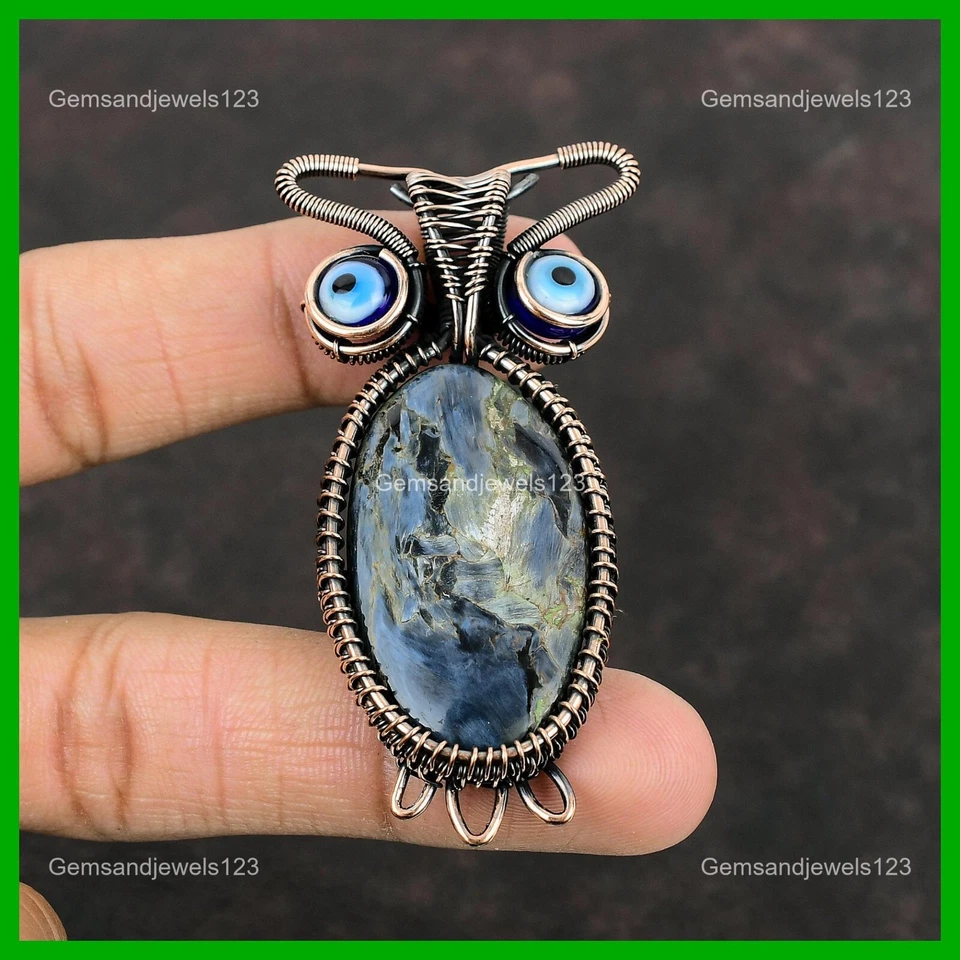 Copper Pietersite Gemstone Blue Color Evil Eye Owl And Wire Wrapped Wife Pendant - Image 3 of 4
