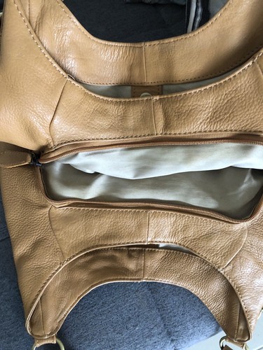 COLORADO Tote Bag Tan Pebbled Leather EUC Brushed Gold Metal Hardware 3 Sections - Picture 7 of 11