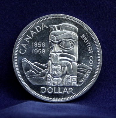 1958 CANADIAN TOTEM POLE/BRITISH COLUMBIA SILVER DOLLAR * FROM MINT ROLL*