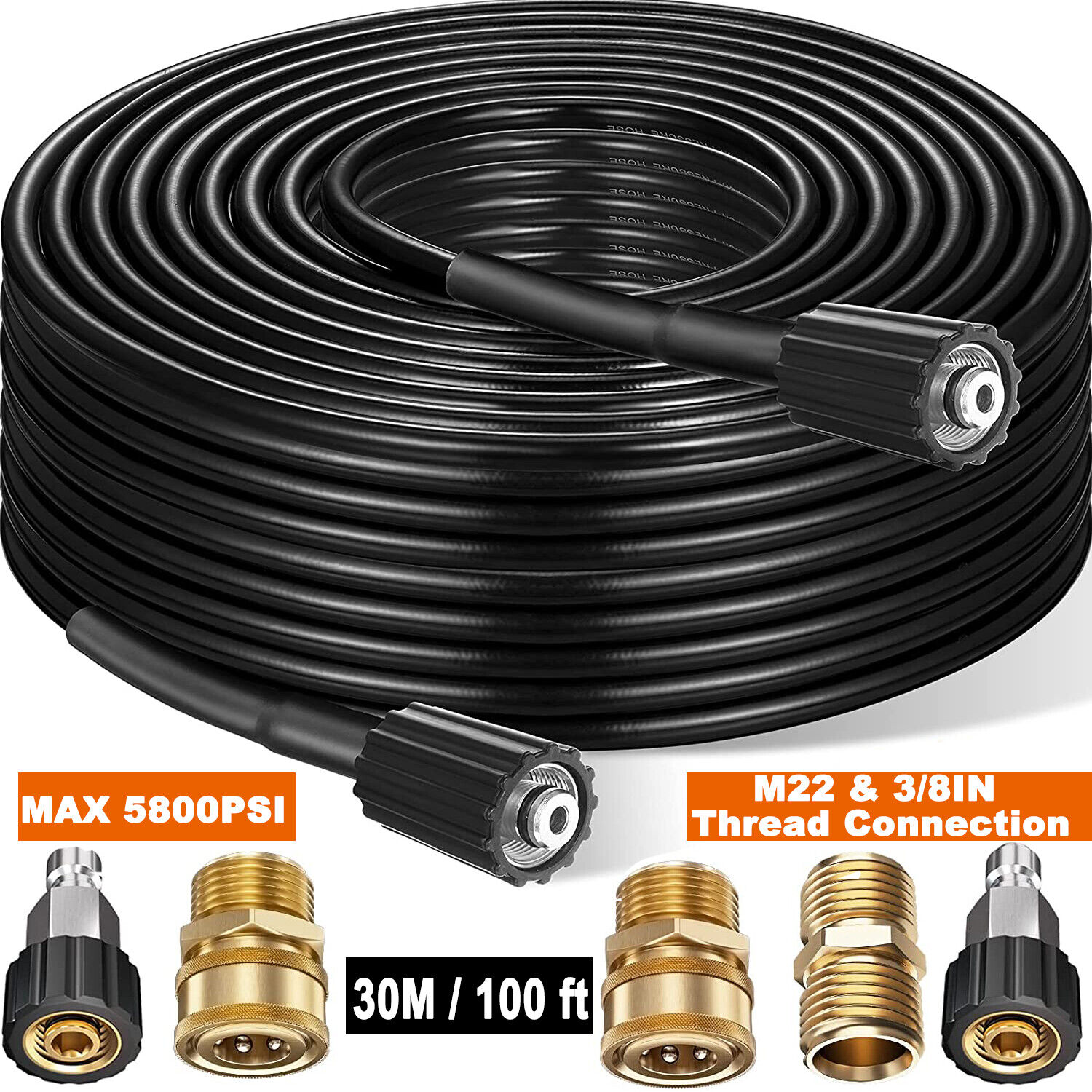 High Pressure Washer Hose 25/50/100ft 5800PSI M22 Power Washer Extension Hose