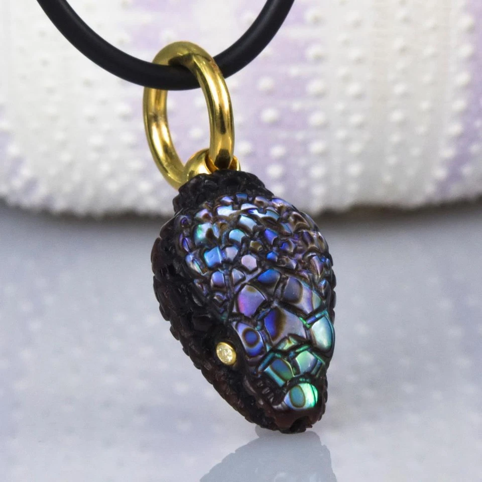 Gold Vermeil Sterling Silver & Multicolor Shell Snake Pendant Diamond Eyes 4.53g - Image 2 of 4