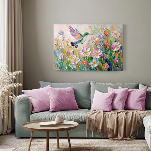 Bonita impresión de pintura sobre lienzo de arte de pared de colibrí y flores silvestres de primavera - Imagen 11 de 11
