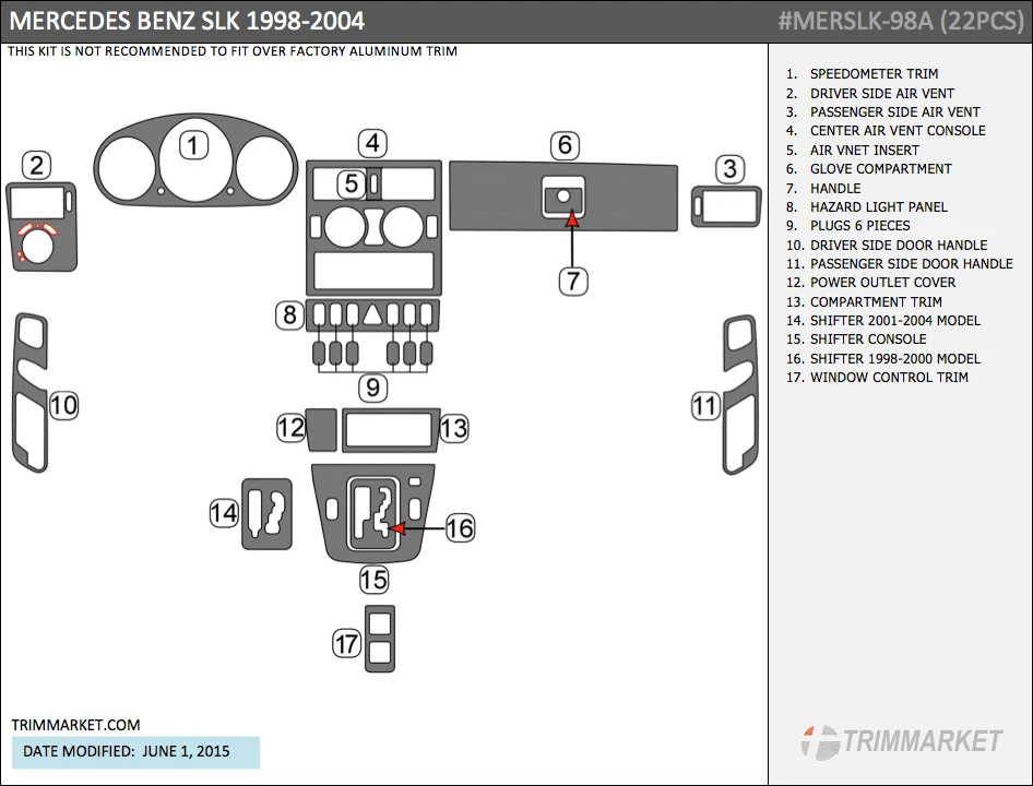 MERCEDES BENZ SLK 1998 1999 2000 2001 2002 2003 2004 INTERIOR MADERA TABLERO MOLDURAS KIT Foto 2 de 4