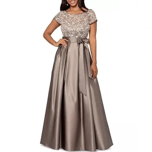 Xscape Women Dress Size 6 Embroidered Lace Sequin Satin Belted A Line Ball Gown