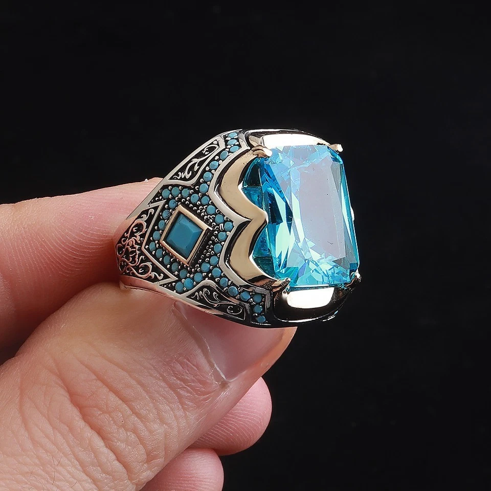 Anillo para hombre Aqua Stone circonio azul micro lados, joyería de plata de ley 925 04 Foto 3 de 4