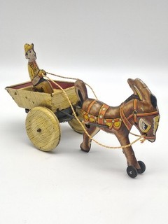 Vintage Marx Tin Litho Wind Up Toy Balky Mule And Cart Works