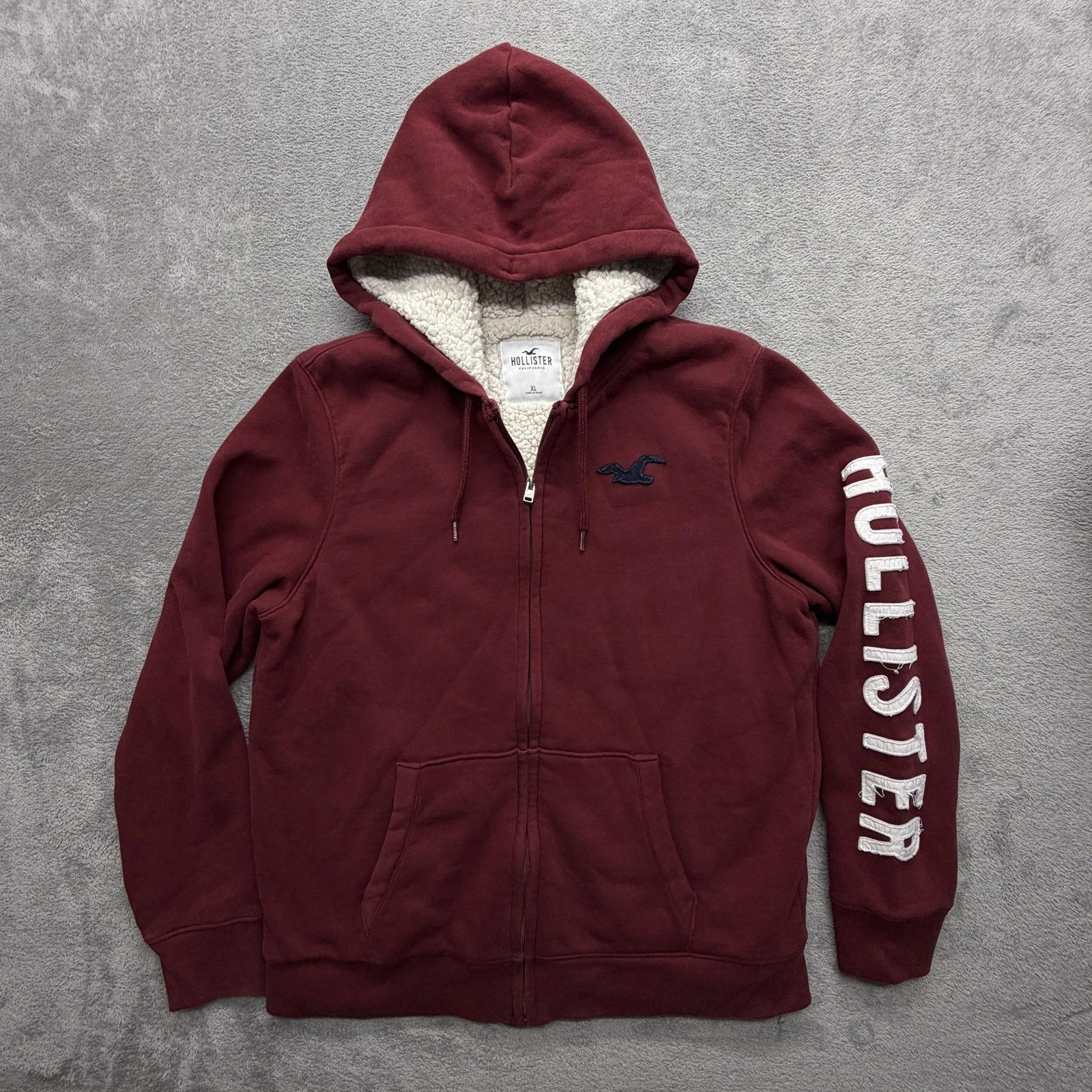 Hollister Hoodie Mens XL Red Full Zip Hooded Sherpa Lined Fleece Logo Sleeve