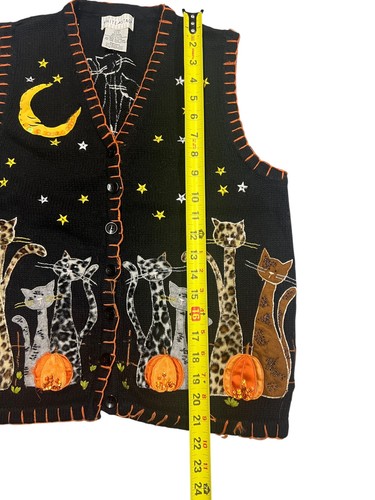 Vintage Embroidered Halloween Cat Pumpkin Embroidered Sweater Vest Small READ - Picture 4 of 7