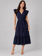Sam Edelman Tiered Midi Dress Flutter Sleeve Faux Wrap Belted Ruffle Navy Blue 8