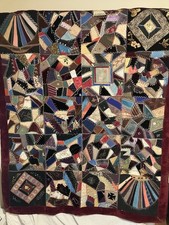 Antique 19th c Crazy Quilt Exceptional Beautiful Stitching Embroidery Folk Art