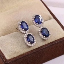 Lab Created Sapphire 3Ct Oval Cut Halo Drop Dangle Earrings 14K White GoldPlated