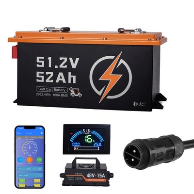 Uimoso 48V 52Ah LiFePO4 Lithium Battery Golf Cart Monitor RV with 15A Charger