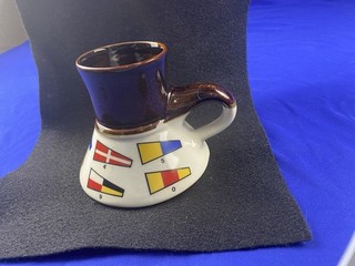 Vintage (1979) Porcelain Coffee Mug No Spill Nautical With Flags Made in CA