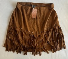 Women's XL Faux Suede Skirt A-Line Fringe Above Knee Stretch