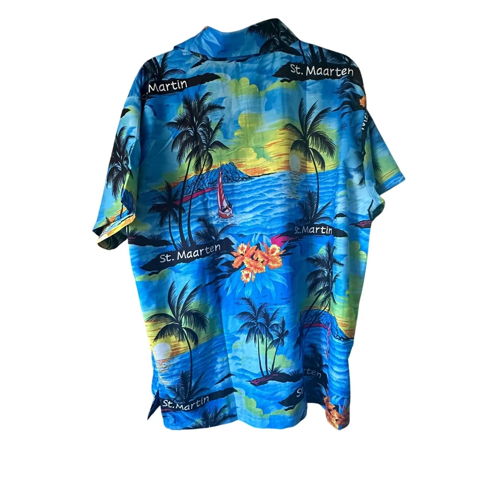 Camisa Hawaiana Rima Para Hombres Grande Azul Tropical St Maarten Manga Corta Abotonada Foto 2 de 4