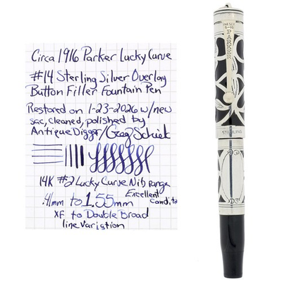 #ad #ad 1916 PARKER #14 STERLING OVERLAY BUTTON FILLER FOUNTAIN PEN RESTORED $925.00