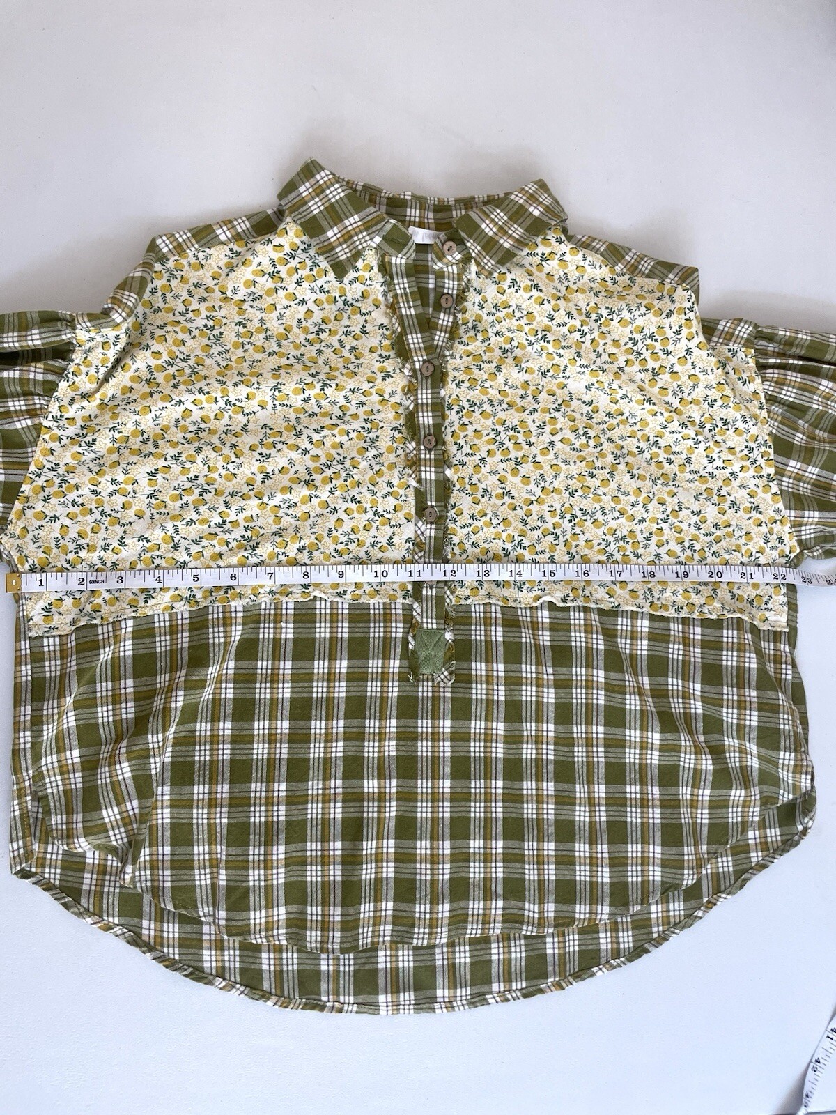 Long Sleeve Patchwork Lemons Plaid Top Small Quil… - image 8