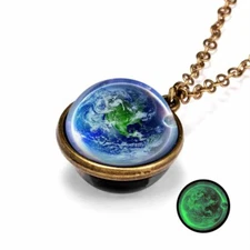 Wholesale Glow in the Dark Galaxy Double Side Glass Planet Necklace Pendant Gift