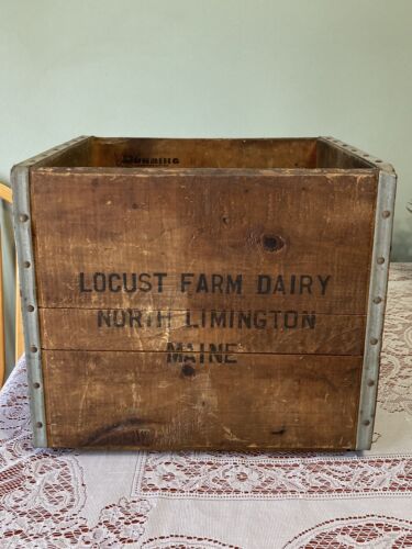 Antique Locust Farm  Dairy Limerick Maine  Milk Wooden Box Crate - Afbeelding 1 van 6
