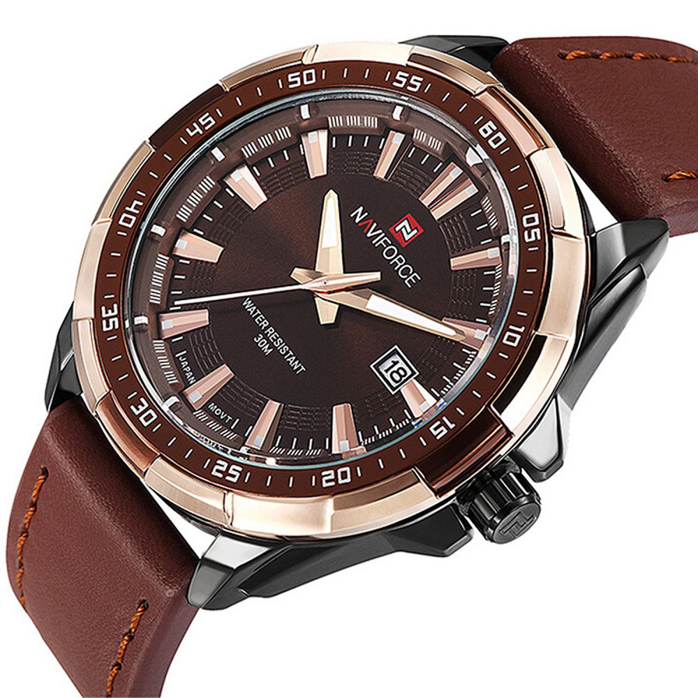 Montre Homme Cuir Marron KZKR Étanche Horloge Analogique Cadran Noir