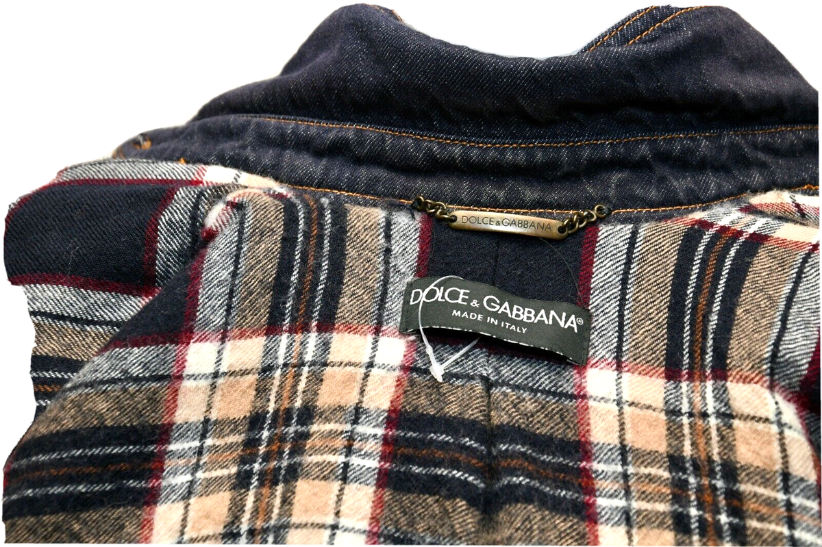 Dolce & Gabbana Plaid Wool FlannelLined Denim Jean Jacket Dolce & Gabbana Plaid Wool FlannelLined Denim Jean Jacket