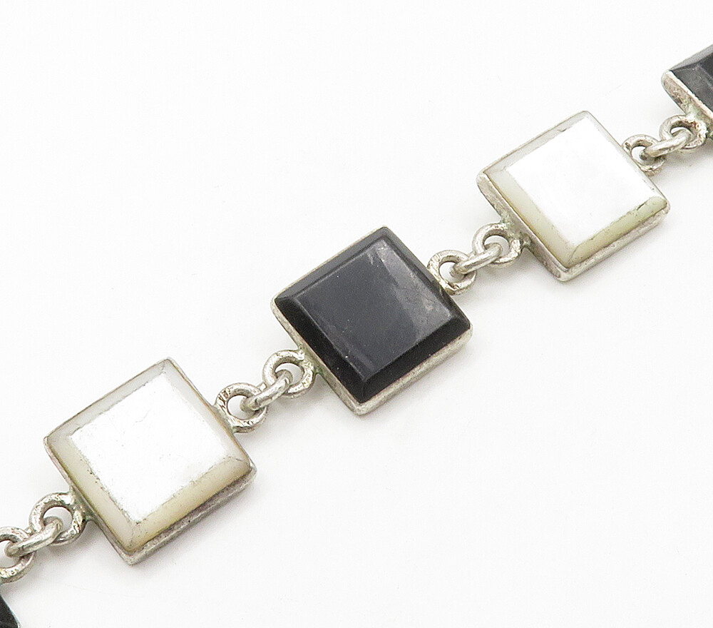 925 Silver Vintage Mother Of Pearl & Black Onyx Chain