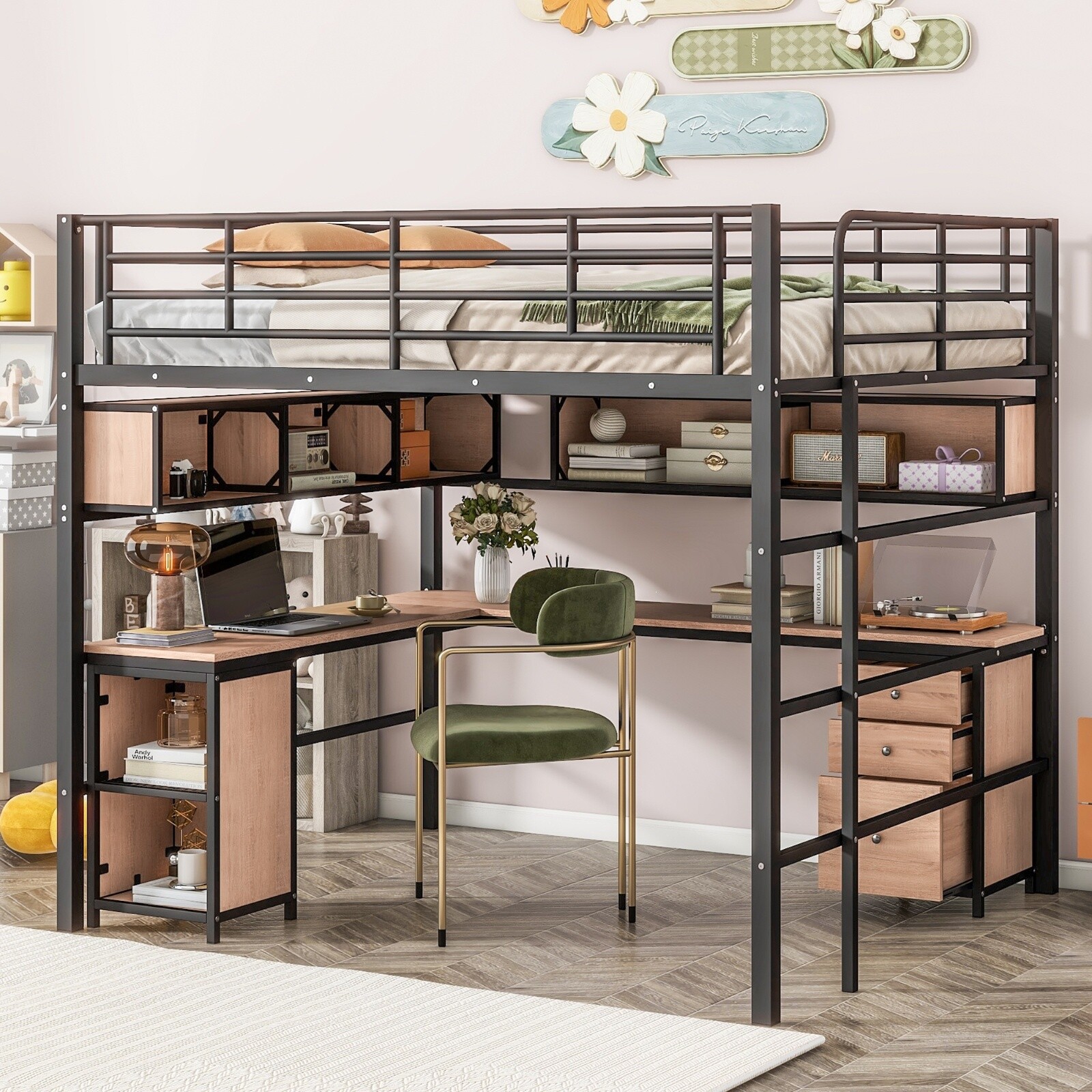 Full Metal Loft Bed with Built-In Bookcase, Desk & Cabinet in Black  