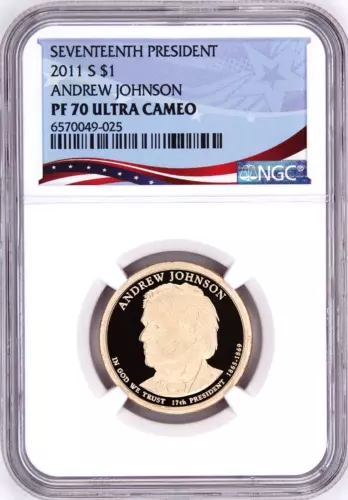 2011 S, $1 Andrew Johnson, Graded PF 70 Ultra Cameo by NGC * Patriotic Label
