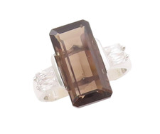 925 Sterling Silver Vintage Ring Rectangular Smoky Quartz CZ Sz 7.5 RG29431