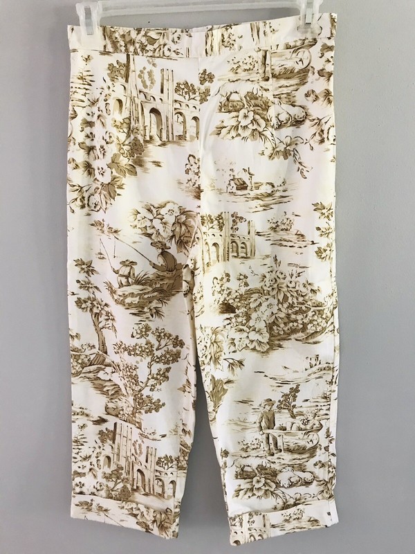 Bill Blass Women’s Cropped Capri Pants Ivory Beige Brown Print Pattern Size 8