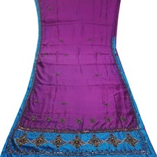 Vintage Purple Sarees 100 Pure Silk Hand Embroidered Sari 6YD Craft Fabric