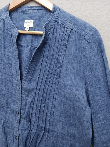 Armani Collezioni Blouse 12 Medium Blue Linen Blend Pintuck Designer Top - Picture 2 of 13