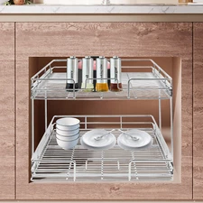 2-Tier Pull-Out Kitchen Cabinet Organizer for Plates & Bowls, Silver Metal
