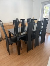 Black High Gloss Glass & Metal Rectangular Dining Table + 8 Faux Leather Chairs