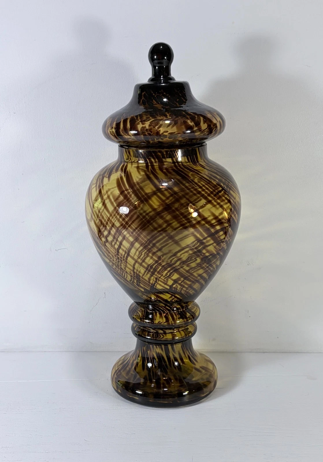 Vintage Tortoiseshell Blown Glass Apothecary Jar Brown Covered Pedestal Jar
