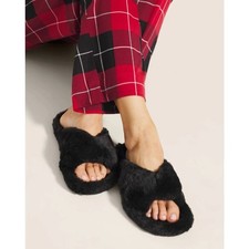 Soma Women  s Size 10-11 Black Faux Fur Crossband Open Toe Slippers