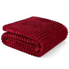 Ribbed Flannel Fleece Throw Blanket 60x80" Twin Size Burgundy Wine Red