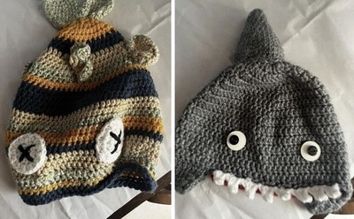 Handmade Crochet Kids Animal Hats Lot of 2 Fish Shark Winter Hats