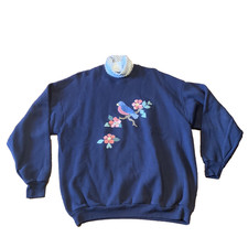 VTG Women  s Sweatshirt Navy Bird Flower Appliqu  XL Cottage Core Grandma EUC