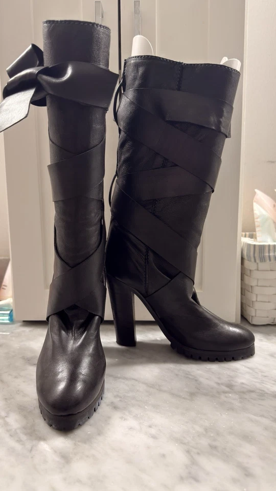 Chloe 高筒靴黑色高跟柔软皮革包裹式绑带 8 码 — 第 2/4 张图片