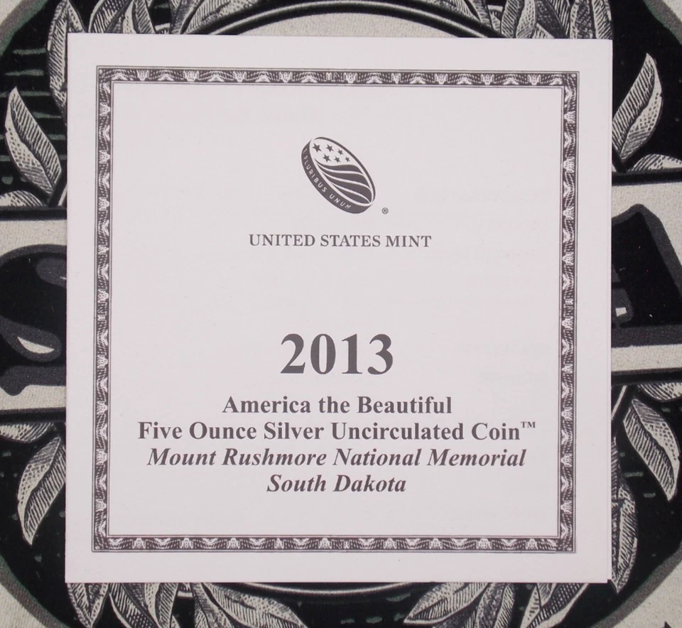 2013 "P" ATB 5oz .999 Silver *MT RUSHMORE* 25c Box & COA America the Beautiful - Image 4 of 4