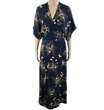 Reformation Winslow Mademoiselle Floral Wrap Maxi  Kimono, Slit Navy, Sz S, EUC