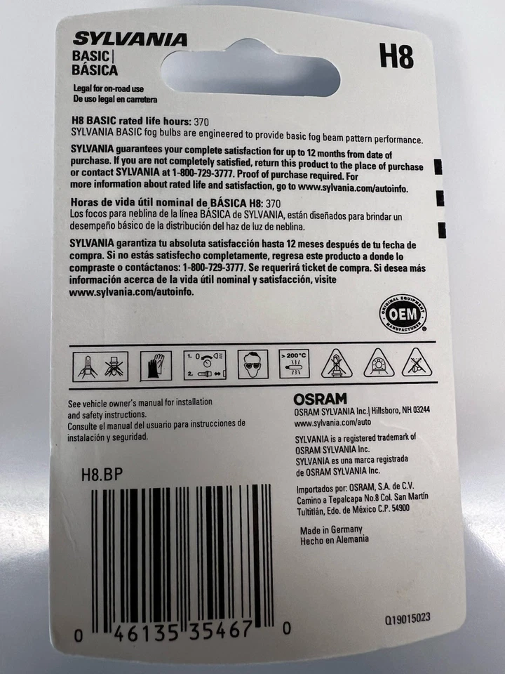 ¡NUEVO! 2 Lámparas Halógenas H8 Sylvania 12.8V 35W Básicas y ¡ENVÍO GRATUITO RÁPIDO! Foto 3 de 4