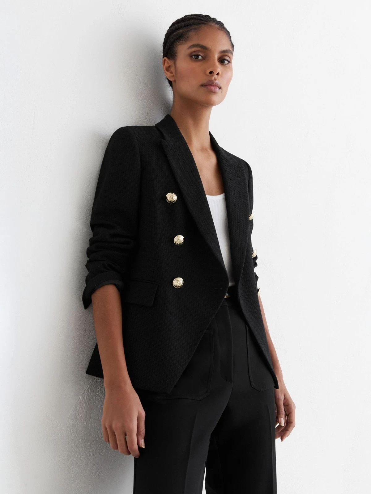 REISS Tally Tailored Fit Texture Double Breasted Blazer Jacket Black UK Size 6