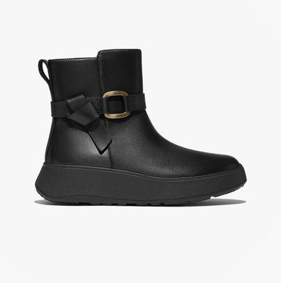 FitFlop F-Mode Square-Ring Damen Leder Reißverschluss flache Form schwarz Stiefeletten