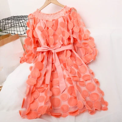 Netz Spitze Damen 3D Kleid Puffärmel Schulterfrei Midi Kurzärmel Schier Mode - Bild 1 von 4