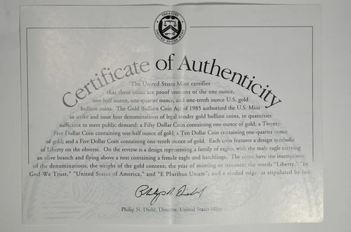 1994 US Gold American Eagle 4pc Proof Set Cert of Authenticity  - COA Only!